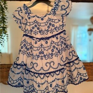 Rare Editions White Dress with Blue Embroidered Detail